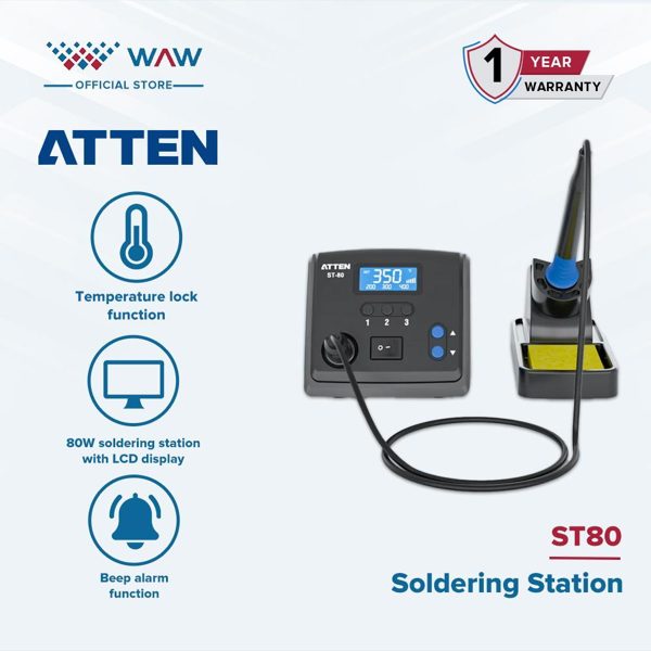 ATTEN ST80 80W Stasiun Solder Digital dengan LCD Display Fungsi Kunci Suhu Alarm Beep MCU Kontrol Kalibrasi Suhu