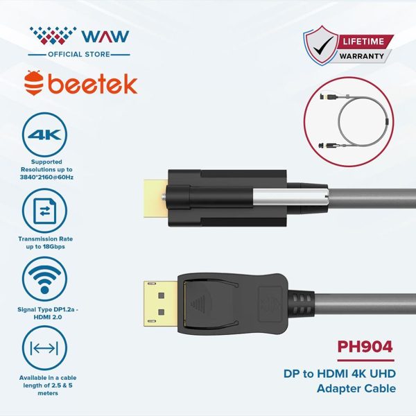 Beetek PH904 Kabel Adaptor DP ke HDMI 4K UHD 2.5m-5m