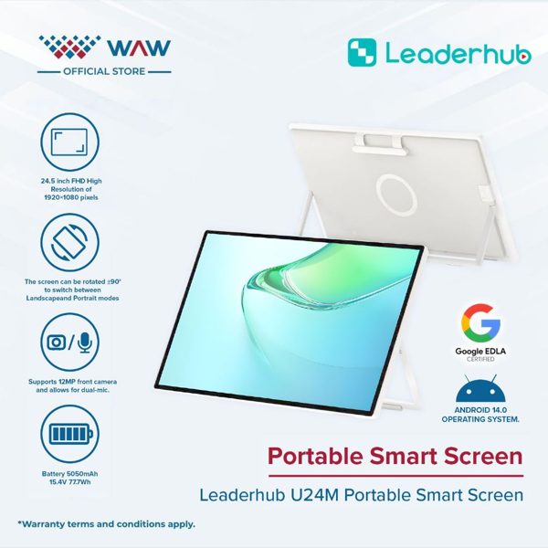 Leaderhub U24M SmartMove Layar Pintar Portabel 24.5" Android 14 Kamera Wi-Fi Bluetooth Layar Rotatable 90° Baterai 5000mAh