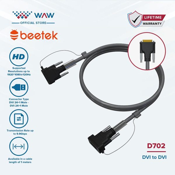 Kabel Beetek DVI to DVI D702 Hitam, Resolusi 1920x1080, 1 Meter, Garansi