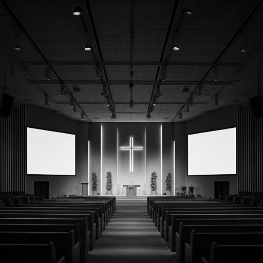 Interior gereja dengan layar proyeksi dan panel LED terpasang